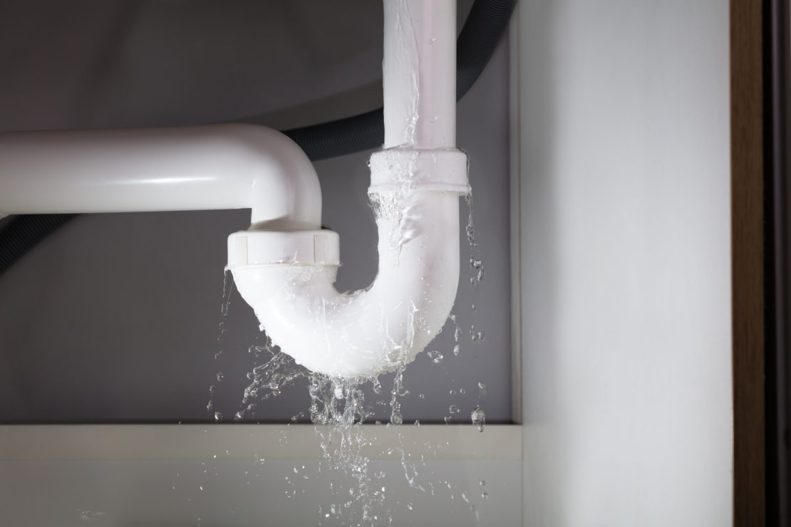 close-up of a white plumbing pipe that's leaking water