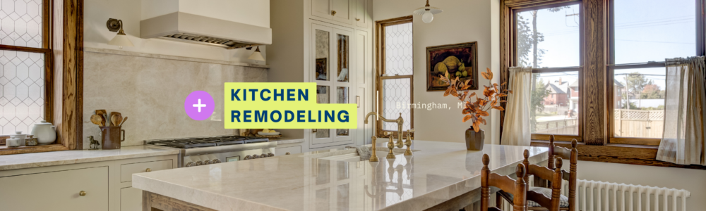 kitchen remodel Birmingham MI with painted cabinets wood island stone countertops and brass fixtures