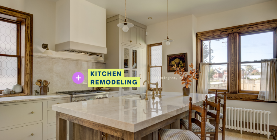 kitchen remodel Birmingham MI with painted cabinets wood island stone countertops and brass fixtures