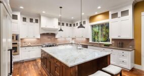 modern kitchen remodel in Birmingham MI with open layout custom cabinetry and quartz countertops