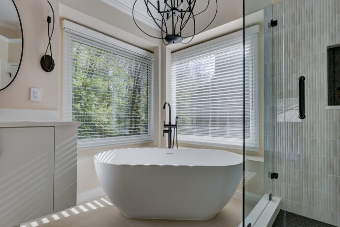 Modern bathroom remodel with custom shower and floating vanity in West Bloomfield Michigan
