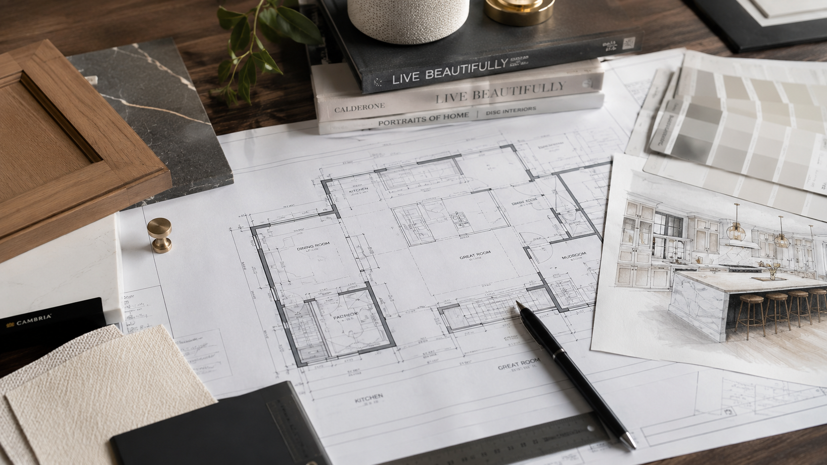 Luxury interior design plans and kitchen remodeling selections in Birmingham MI featuring architectural drawings, cabinetry samples, and high-end design materials by Maxwell Building Services