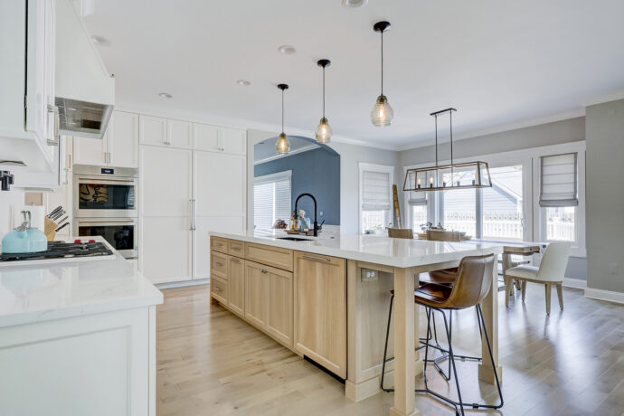 Full overlay white shaker Dura Supreme cabinetry in Birmingham Michigan kitchen remodel
