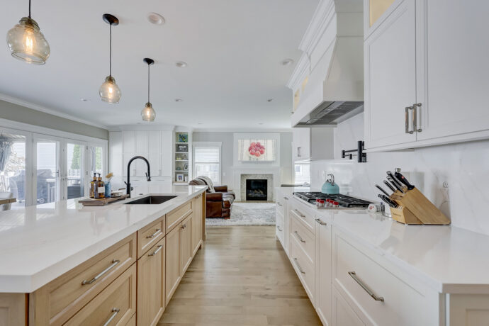 Quartz kitchen countertops with custom cabinetry in Birmingham Michigan luxury kitchen