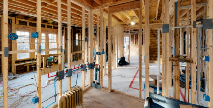 New framing, electrical wiring, plumbing rough-ins, and an original steam radiator during the complete renovation of a 1906 Detroit Tudor by Maxwell Building Services.