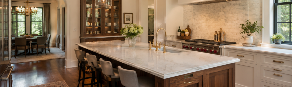 Luxury kitchen remodel in Beverly Hills, Michigan featuring custom cabinetry, quartz countertops, hardwood flooring, and an oversized island by Maxwell Building Services.