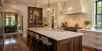 Luxury kitchen remodel in Beverly Hills, Michigan featuring custom cabinetry, quartz countertops, hardwood flooring, and an oversized island by Maxwell Building Services.
