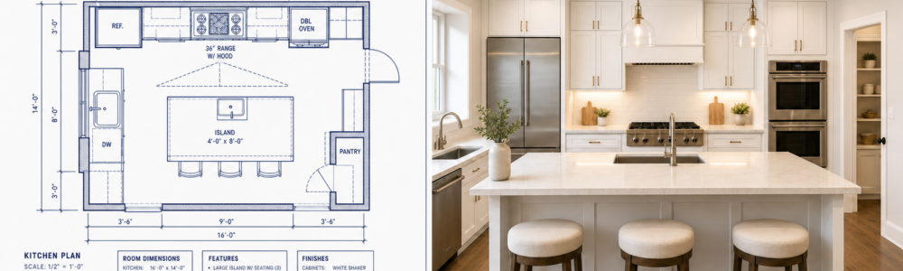 Blueprint and 3D rendering of a luxury kitchen by Maxwell Building Services serving Birmingham, Bloomfield Hills and Oakland County