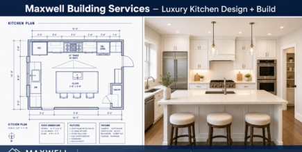 Blueprint and 3D rendering of a luxury kitchen by Maxwell Building Services serving Birmingham, Bloomfield Hills and Oakland County