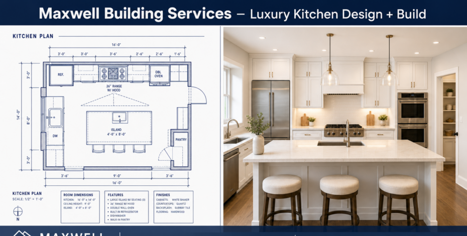 Blueprint and 3D rendering of a luxury kitchen by Maxwell Building Services serving Birmingham, Bloomfield Hills and Oakland County