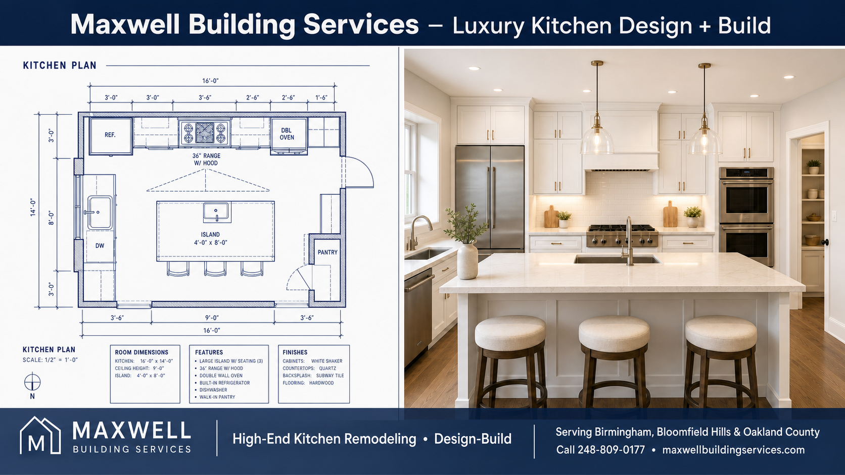 Blueprint and 3D rendering of a luxury kitchen by Maxwell Building Services serving Birmingham, Bloomfield Hills and Oakland County