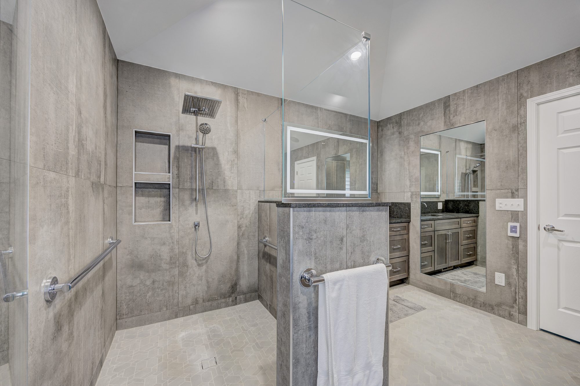 Walk in shower looking across to the vanity wall in a Troy MI bathroom remodel