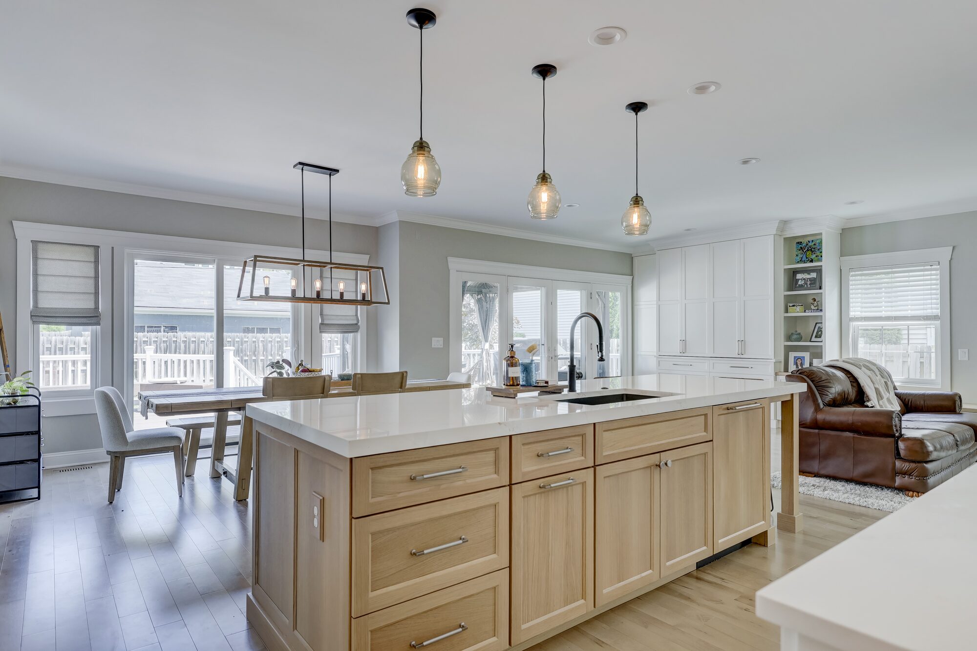 Island seating and breakfast area with french doors in a Birmingham MI kitchen remodel